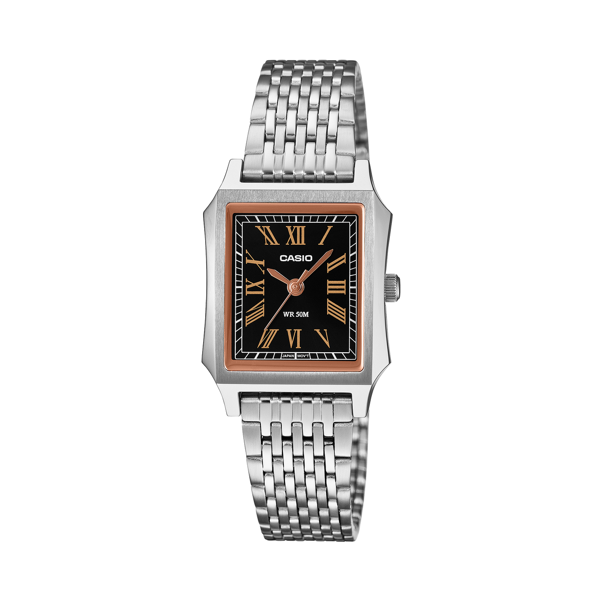Casio LTP-B190D-1B black Roman numeral dial on a stainless steel bracelet, shown straight on.