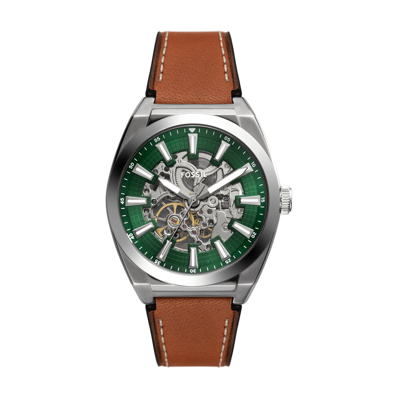 Fossil Everett Automatic Green Dial Brown Leather Band Mens Watch ME3261