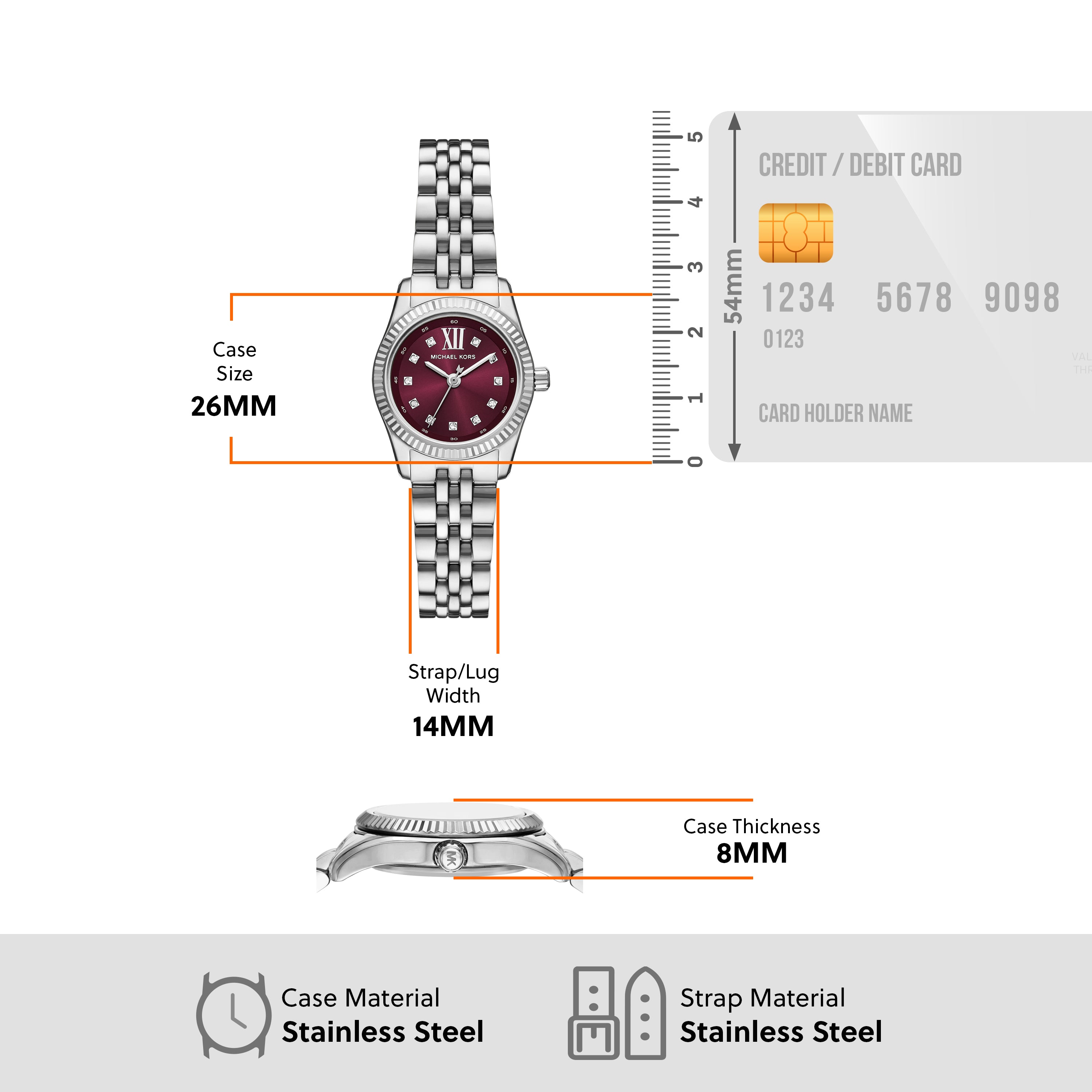 Michael Kors Lexington Red Dial Silver Stainless Steel Watch MK4968