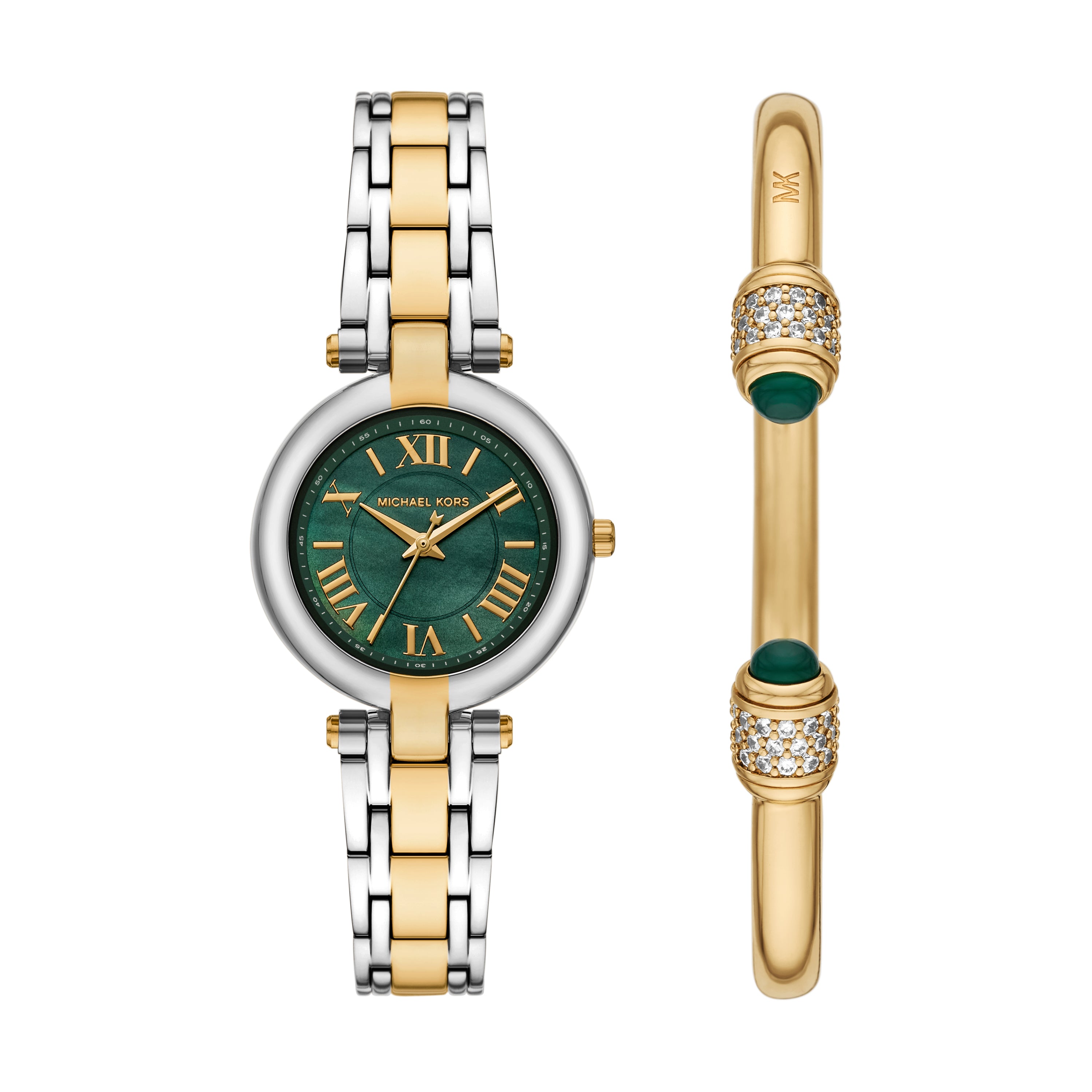 Michael Kors Laney Green Dial Two Tone Stainless Steel Watch MK4973SET