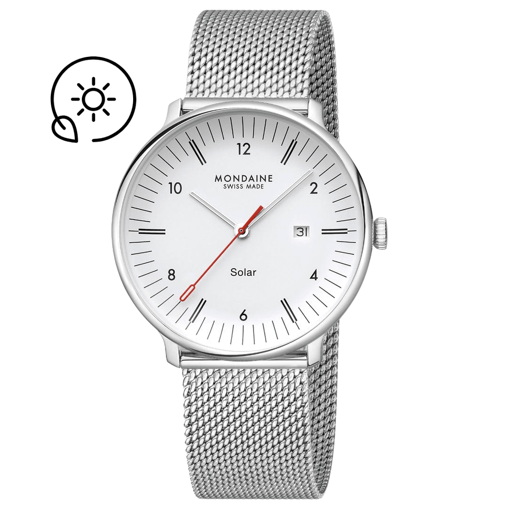 Mondaine Doppio Solar White Dial Stainless Steel Watch MLE.41910.SM