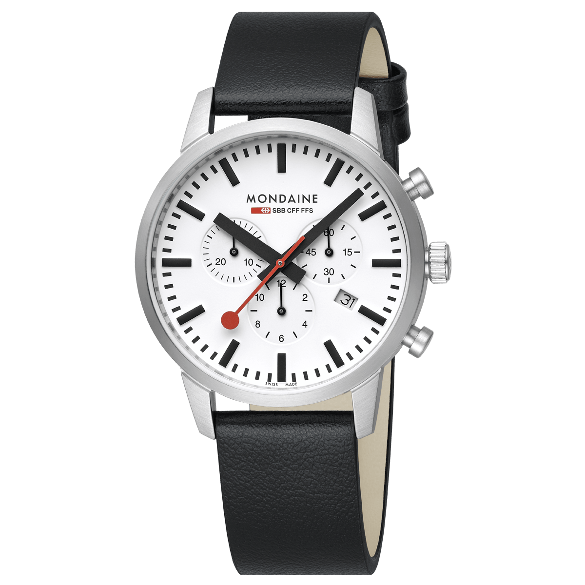 Sleek analog wristwatch with a white dial, chronograph subdials, and black leather strap.