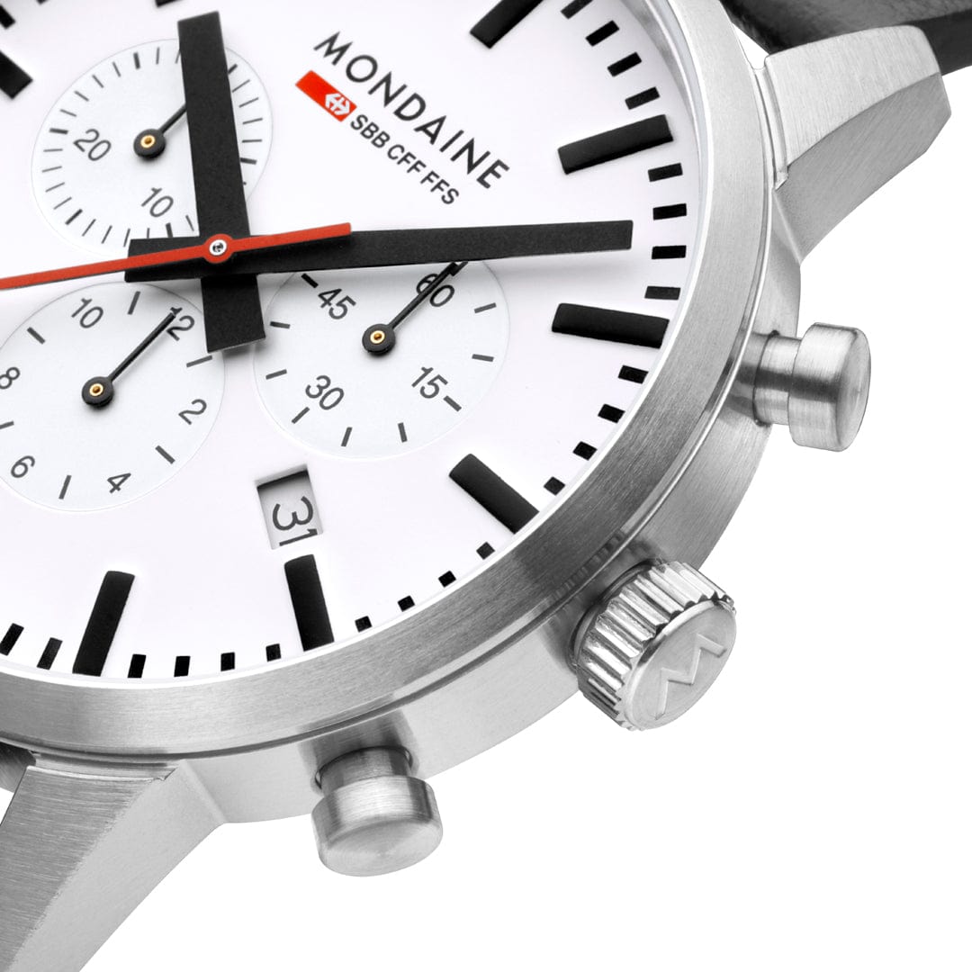 Sleek white chronograph wristwatch with red accents displaying the Mondaine brand.