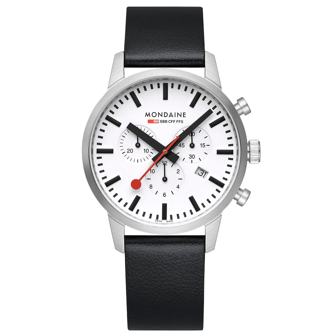 Sleek wristwatch with a white dial, chronograph subdials, and black leather strap.