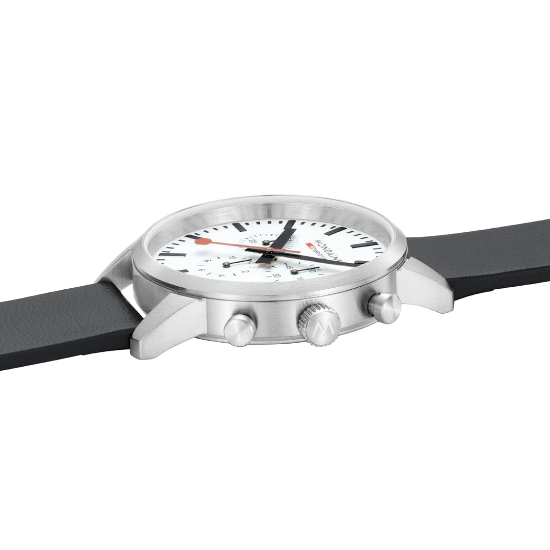 Sleek silver wristwatch with a white dial and black strap.
