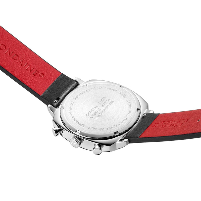 Wristwatch with a red leather strap and silver-toned case back.