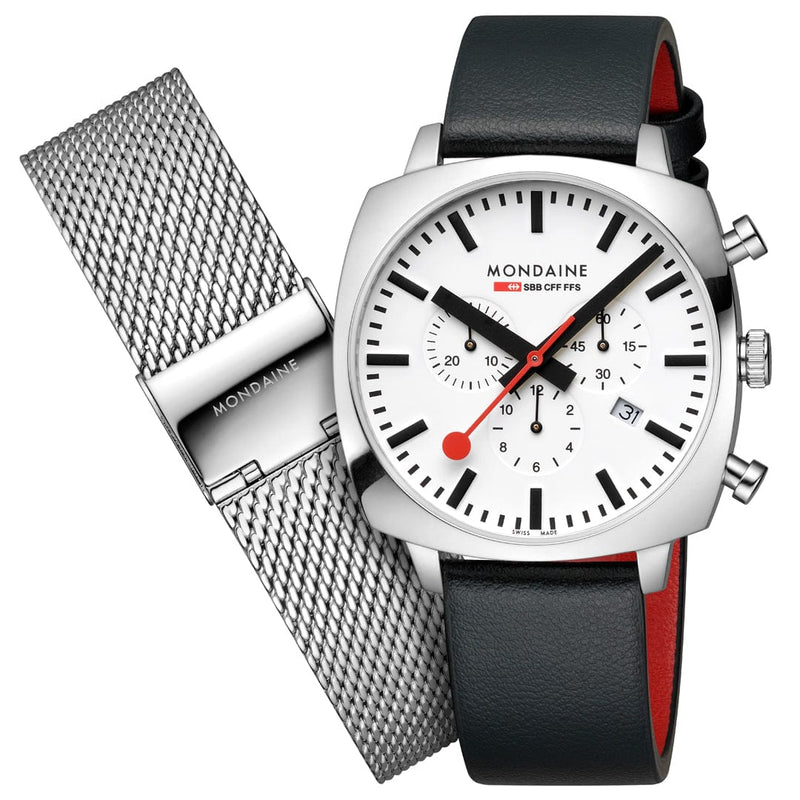 Mondaine wristwatch with a square face, chronograph subdials, and interchangeable leather and mesh straps.