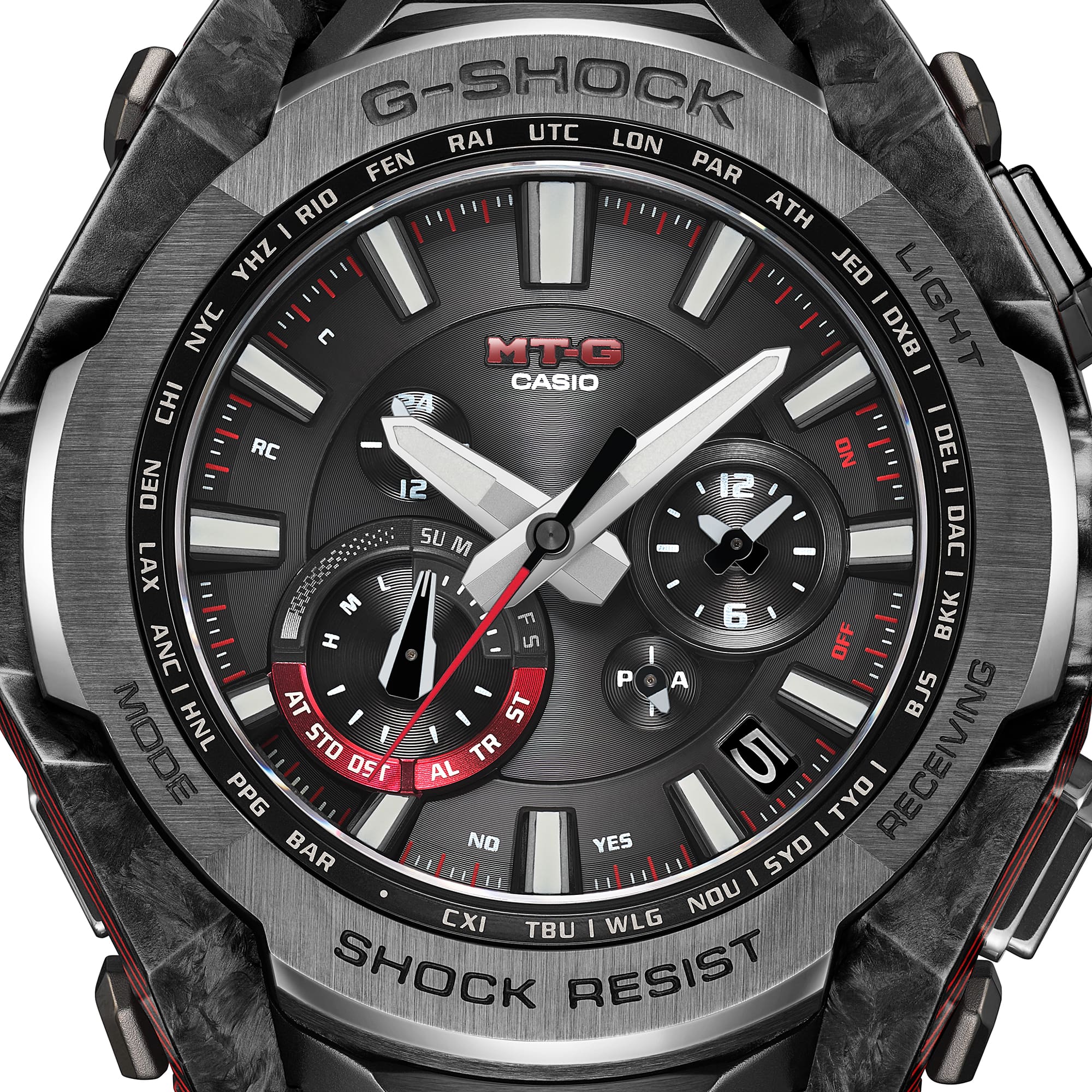Angled view of the G-Shock MTGB4000B-1A showing the layered case construction.