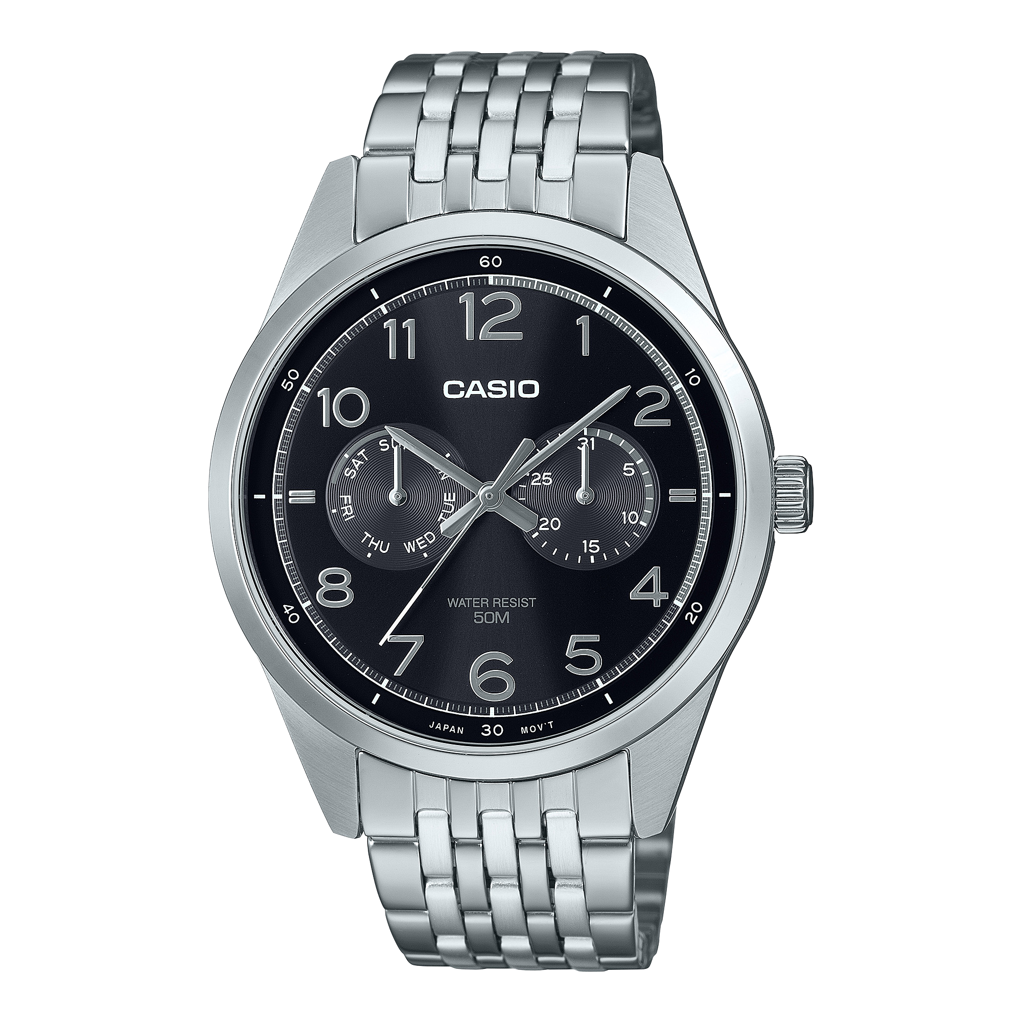 Casio Standard Analogue Black Dial Stainless Steel Watch MTPE340D-1A