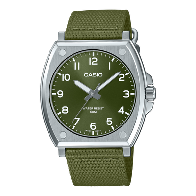 Casio Standard Analogue Green Dial Fabric Band Watch MTPE730C-3A