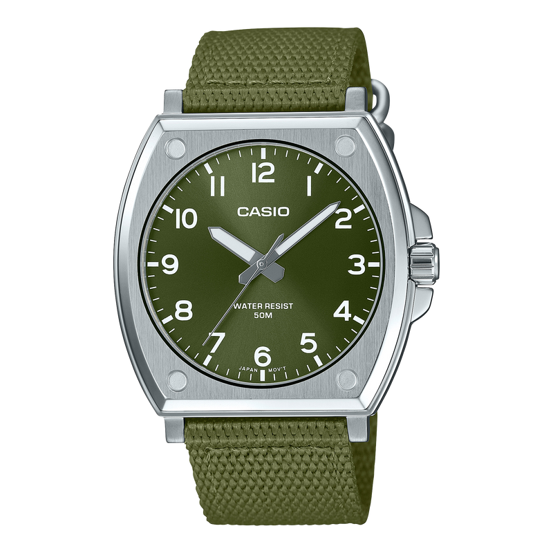 Casio Standard Analogue Green Dial Fabric Band Watch MTPE730C-3A