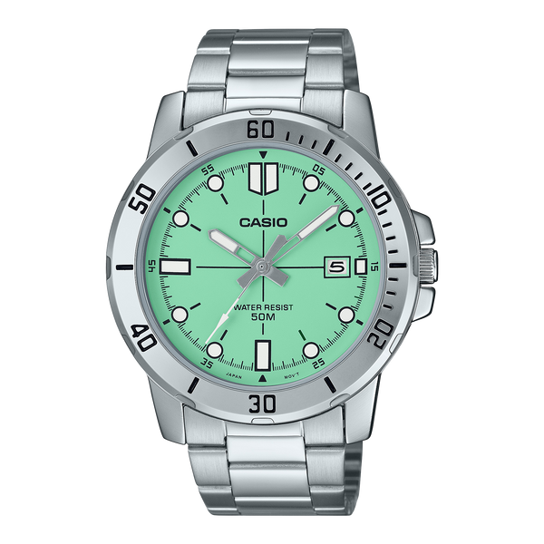 Casio Standard Analogue Pale Green Dial Stainless Steel Watch MTPVD01D 3E1