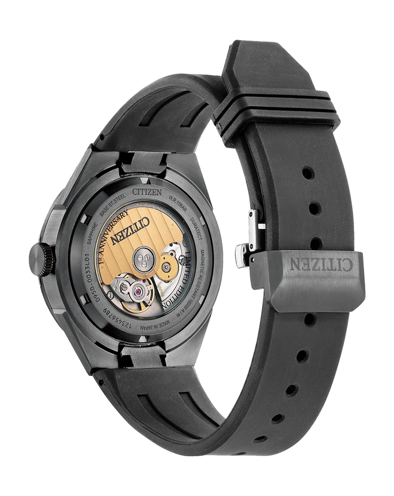 Black wristwatch with a visible mechanical movement through the transparent case back.