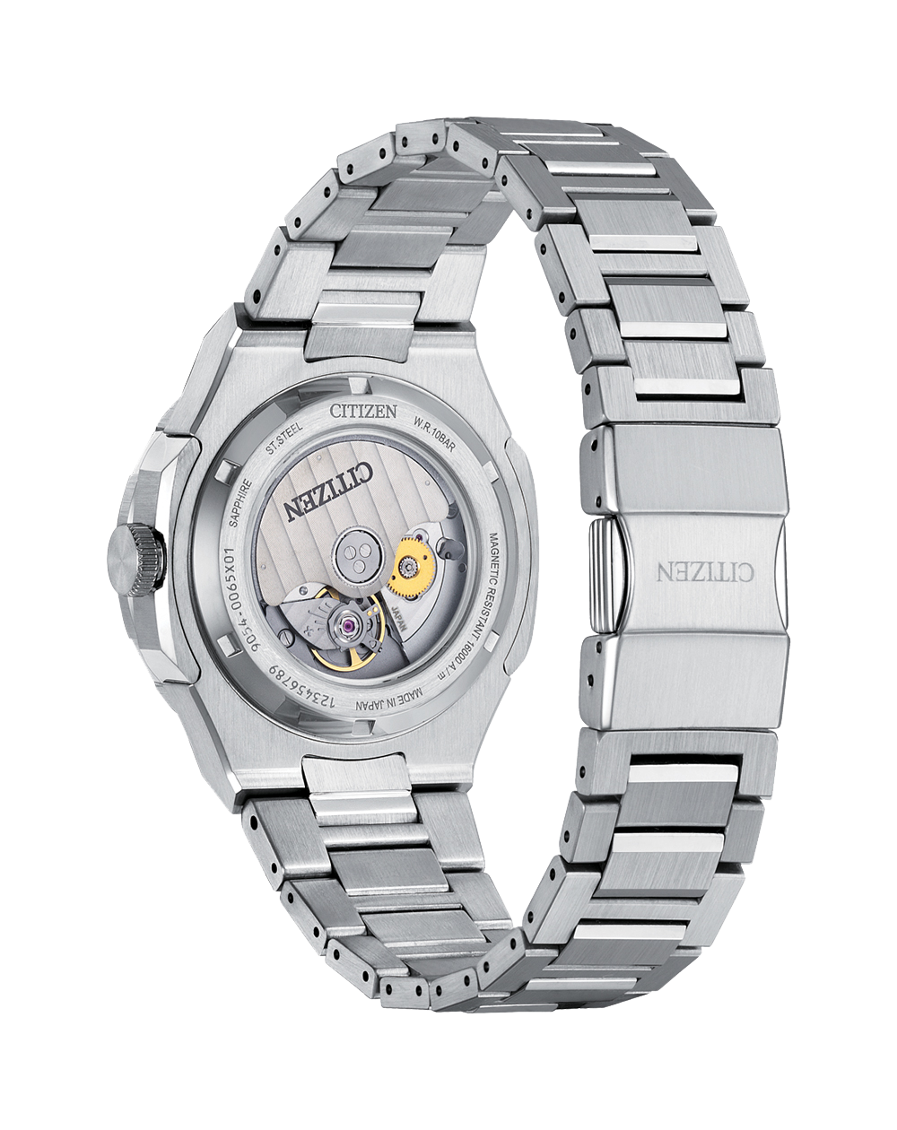 Silver wristwatch with a visible mechanical movement through the transparent case back.