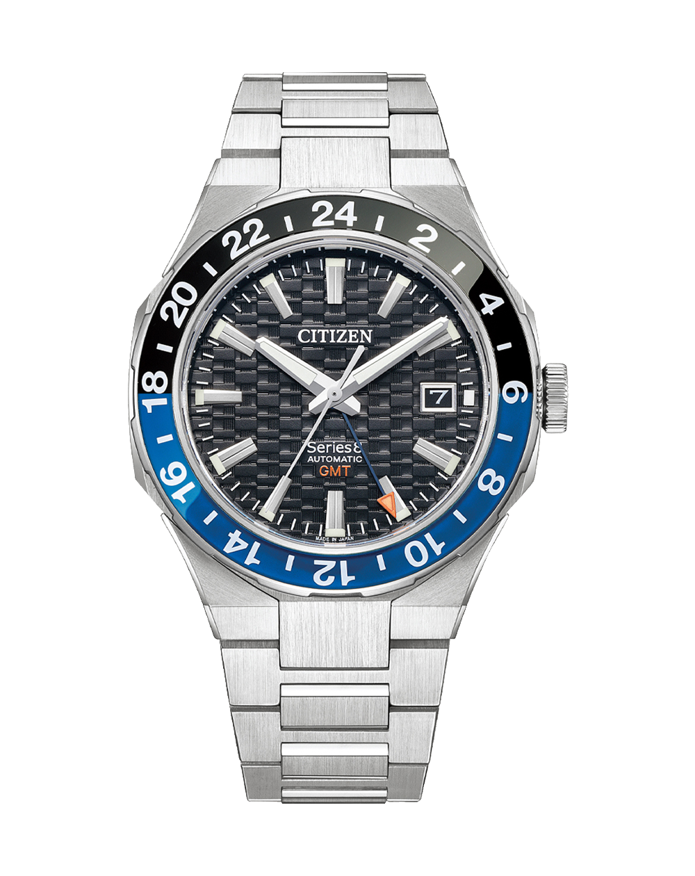 Stainless steel Citizen wristwatch with a black and blue bezel and textured black dial.