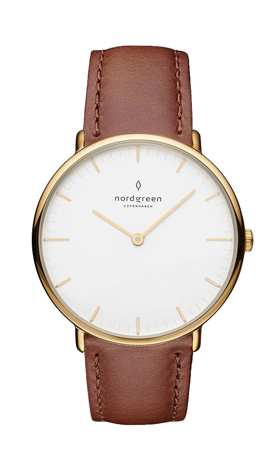 Nordgreen Native 36mm Yellow Gold Case Brown Leather Strap Watch