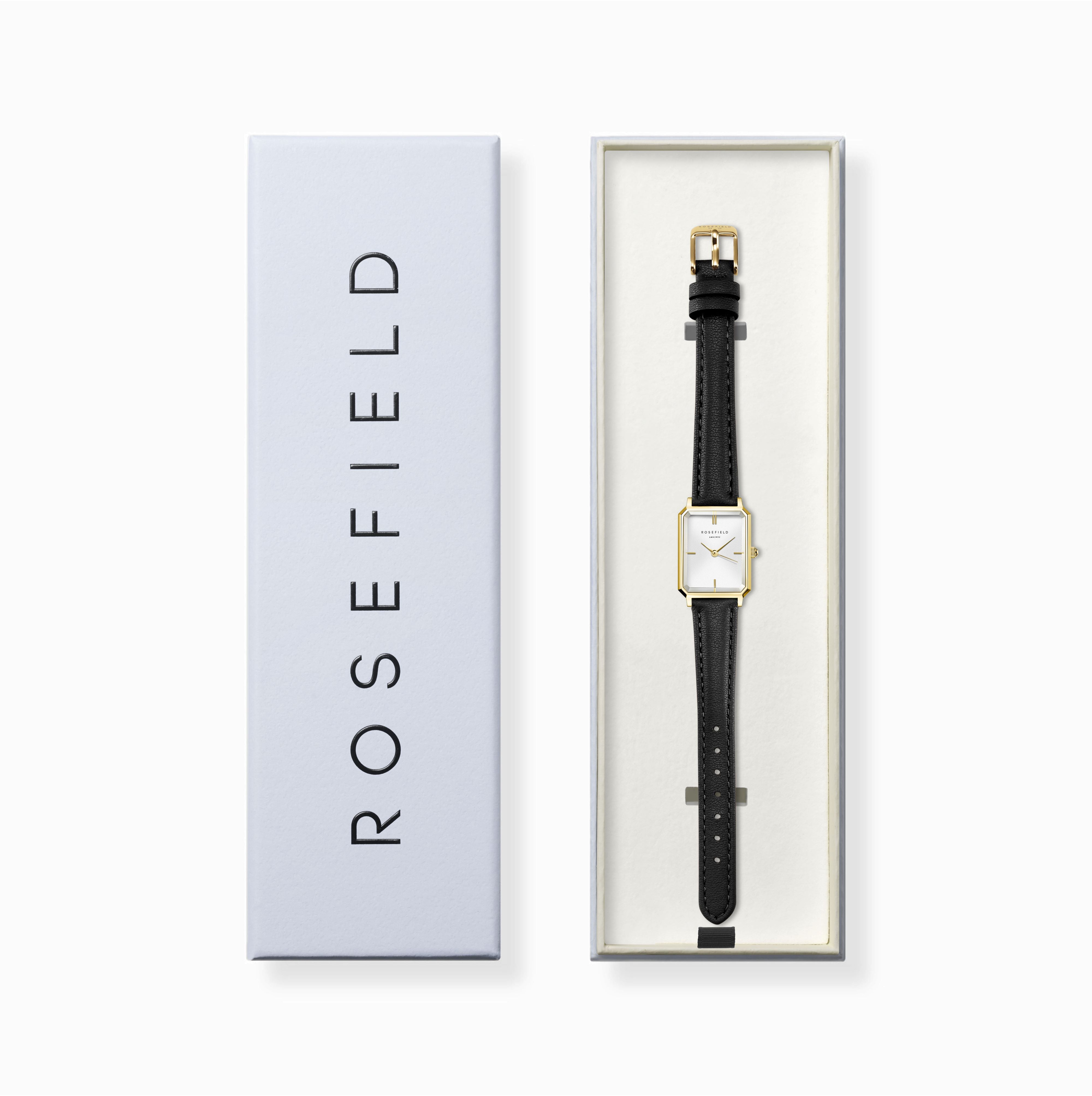 Rosefield  Octagon XS White Gold  Black Leather Watch OWBLG-O84