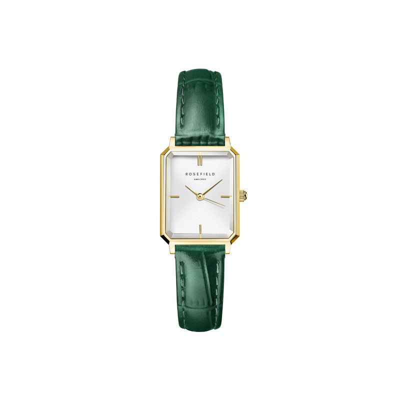 Rosefield Octagon XS White Gold  Emerald Croco Leather Watch OWGLG-O86