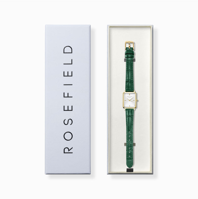 Rosefield Octagon XS White Gold  Emerald Croco Leather Watch OWGLG-O86