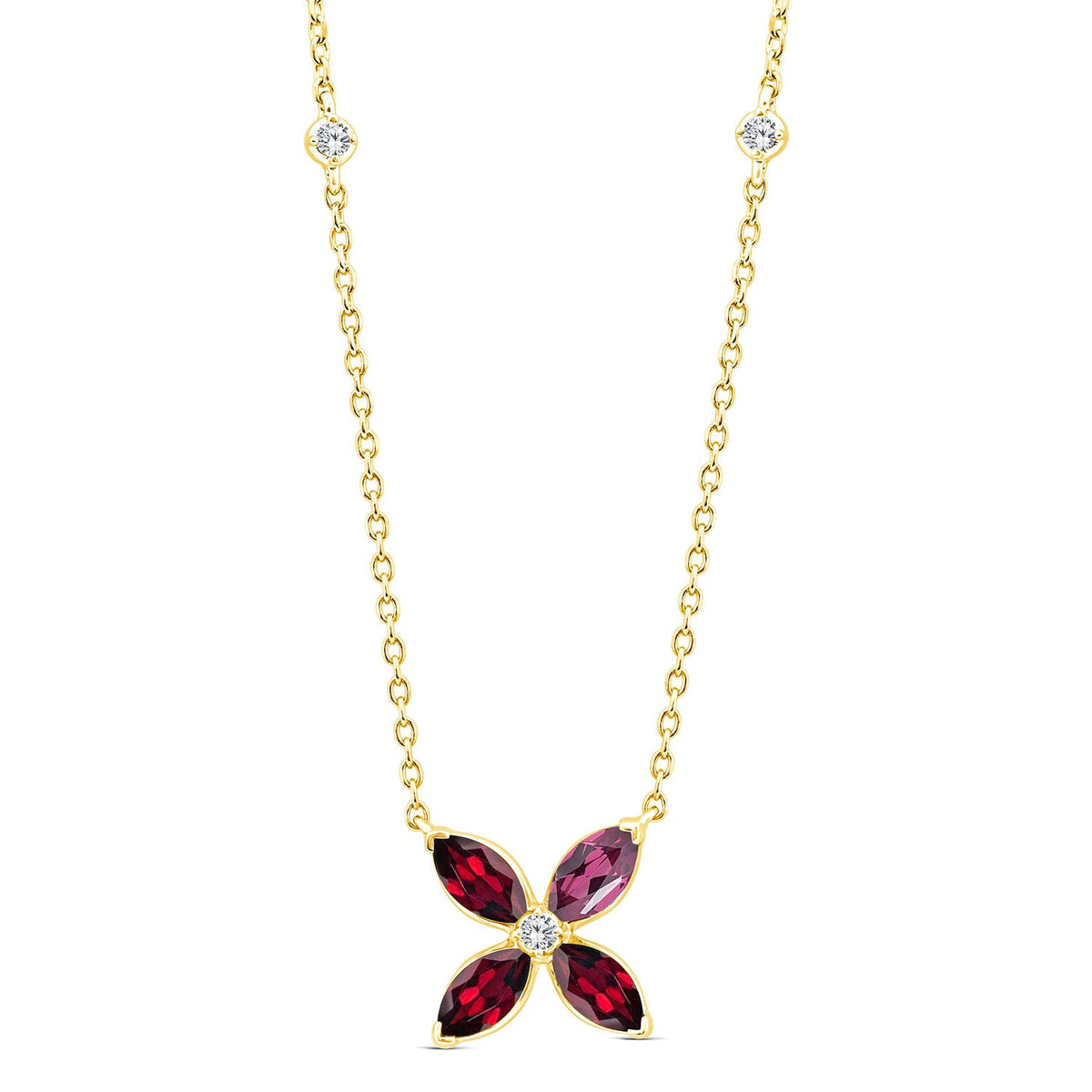 0.03ct Diamond, Garnet & Rhodolite Necklace in 9K Yellow Gold