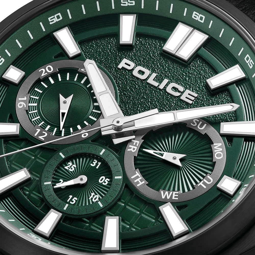 Police Chronograph Green Dial Black Leather Band Rangy Men's Watch PEWGF0021007