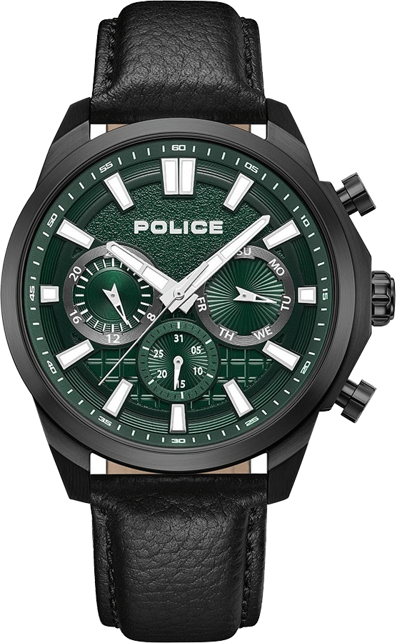 Police Chronograph Green Dial Black Leather Band Rangy Men's Watch PEWGF0021007