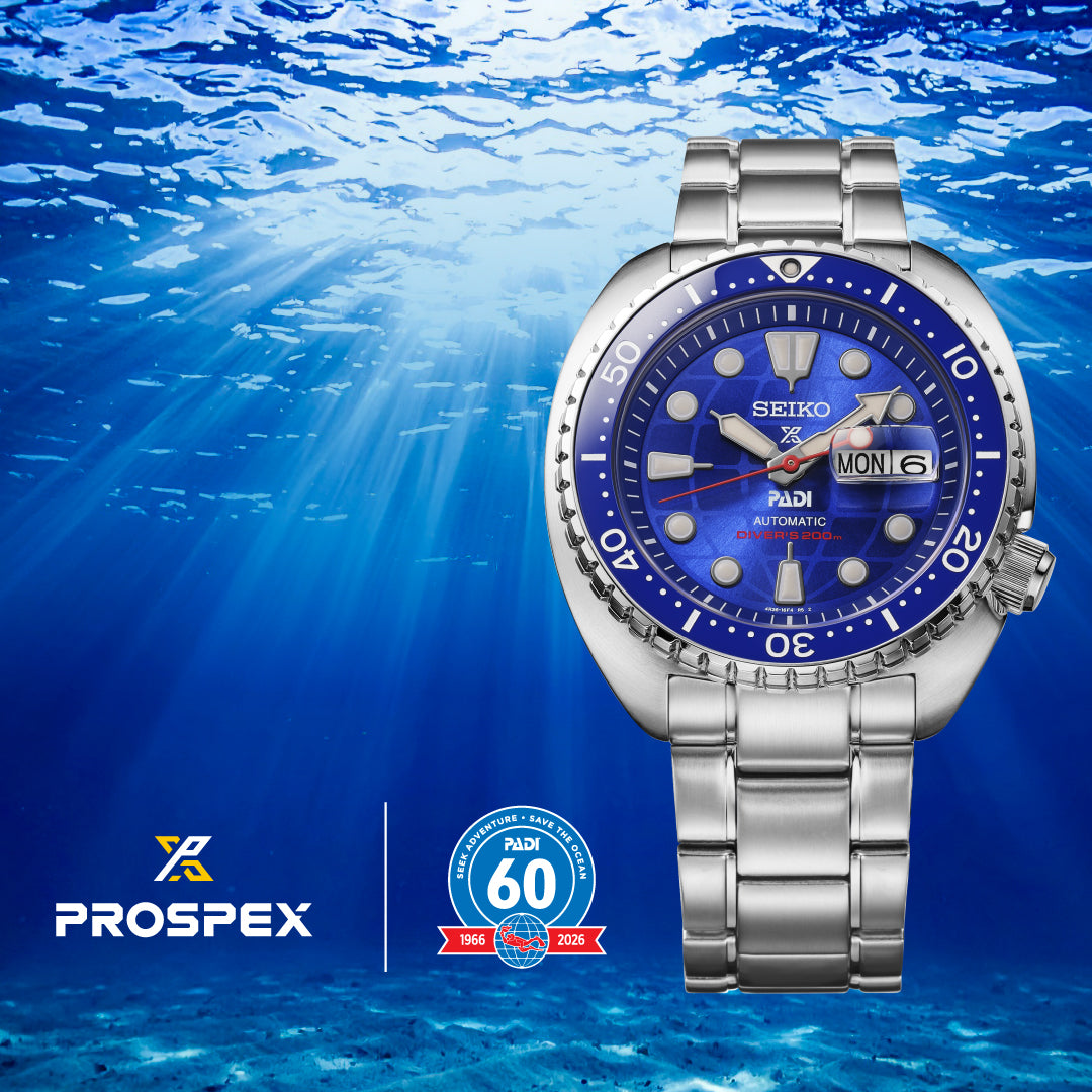 Seiko Prospex PADI 60th Anniversary HBB002K shown underwater with the Prospex and PADI 60th anniversary (1966–2026) logos — Watch Direct Australia