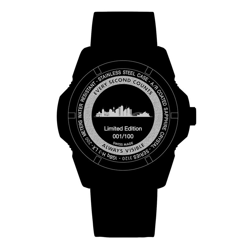 Black wristwatch with a limited edition cityscape design on its face.