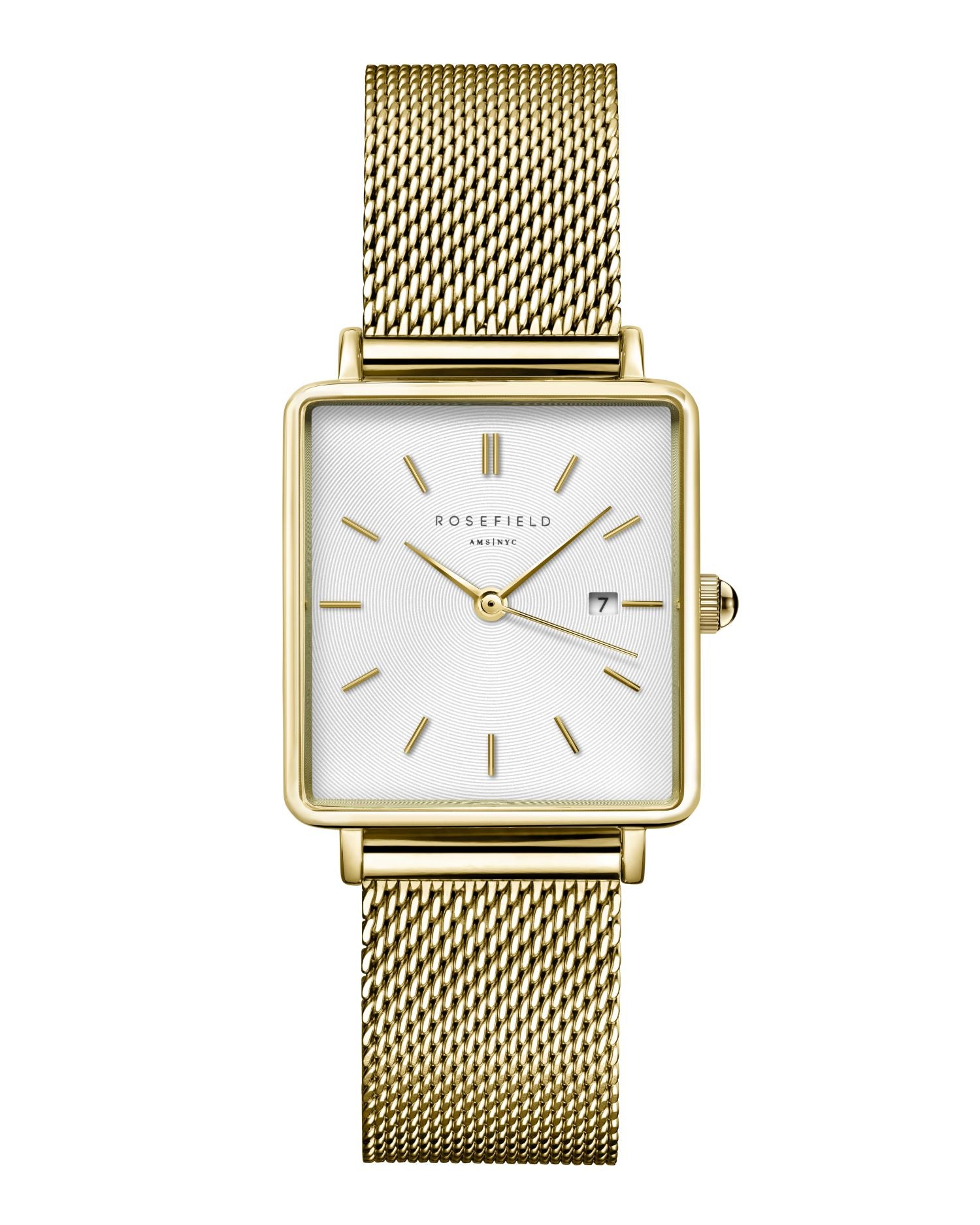 Rosefield The Boxy White Sunray Mesh Gold Watch QWSG-Q03