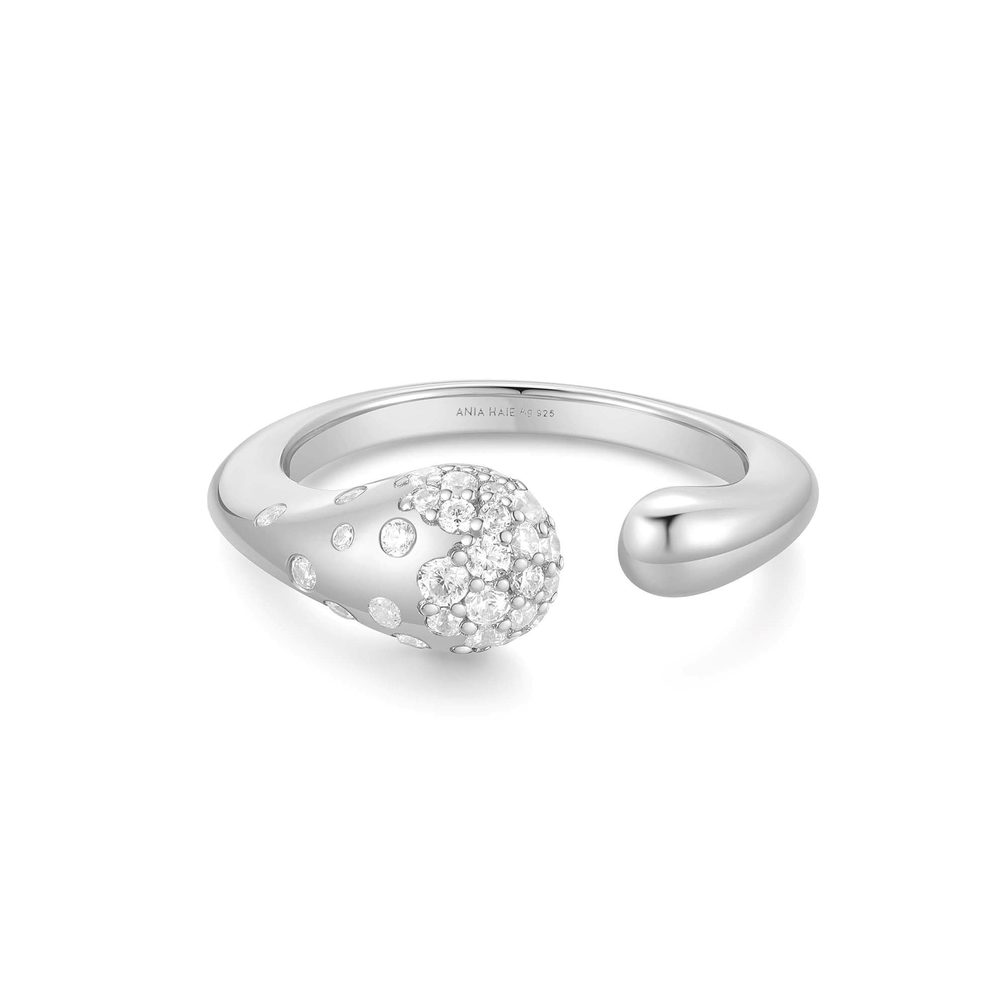Silver Cubic Zirconia Adjustable Ring Sculptural Design Sparkles