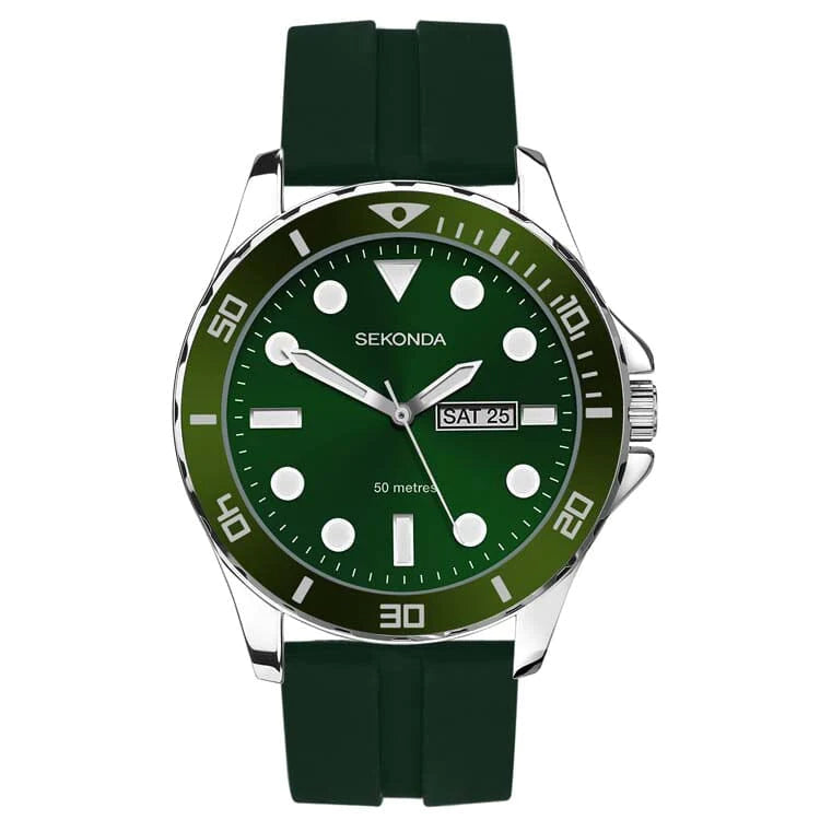 Green-faced wristwatch with a matching green rubber strap.