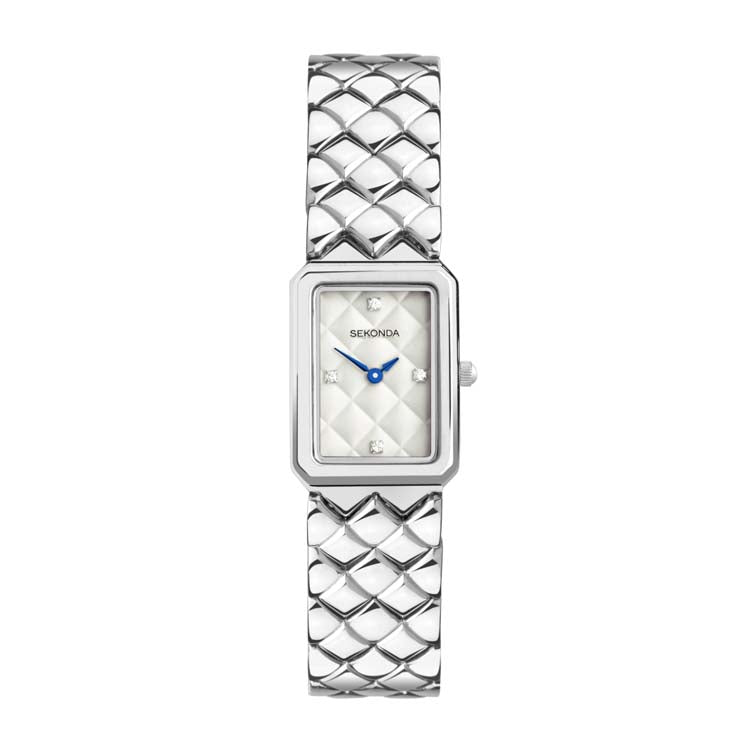 Silver wristwatch with a rectangular face and quilted metallic band.