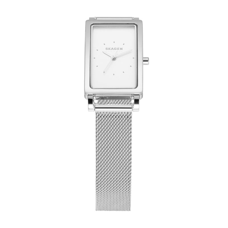 Sophisticated Skagen Hagen Stainless Steel Mesh Watch with Rectangular Face and Three-Hand Movement - Model SKW3096