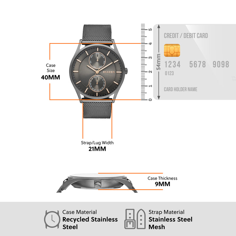 Skagen Holst Charcoal Steel Mesh Chronograph Watch SKW6180 with Dual Sub-Dials and 50m Water Resistance