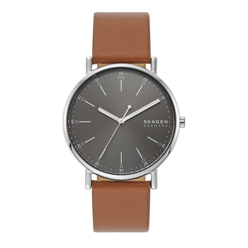 Wristwatch with a gray dial and brown leather strap.
