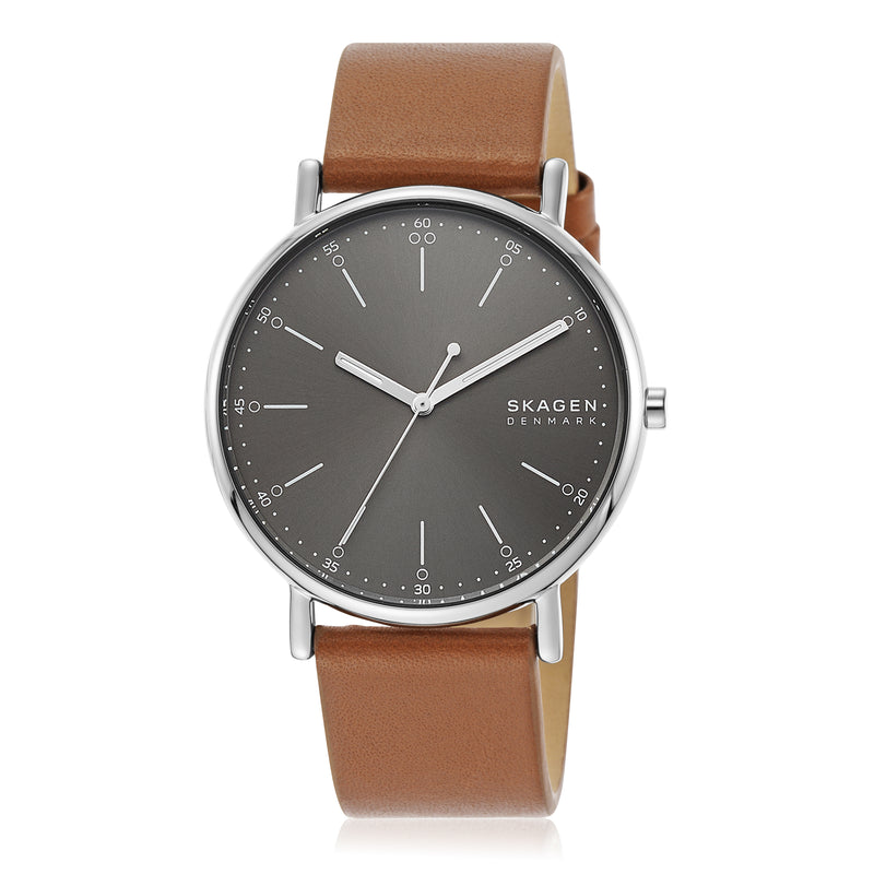 Wristwatch with a gray dial, silver case, and brown leather strap.