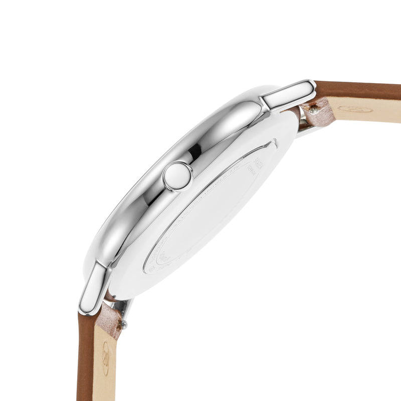 Sleek silver wristwatch with a brown leather strap.