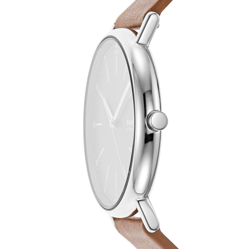 Sleek wristwatch with a silver case and light brown leather strap.