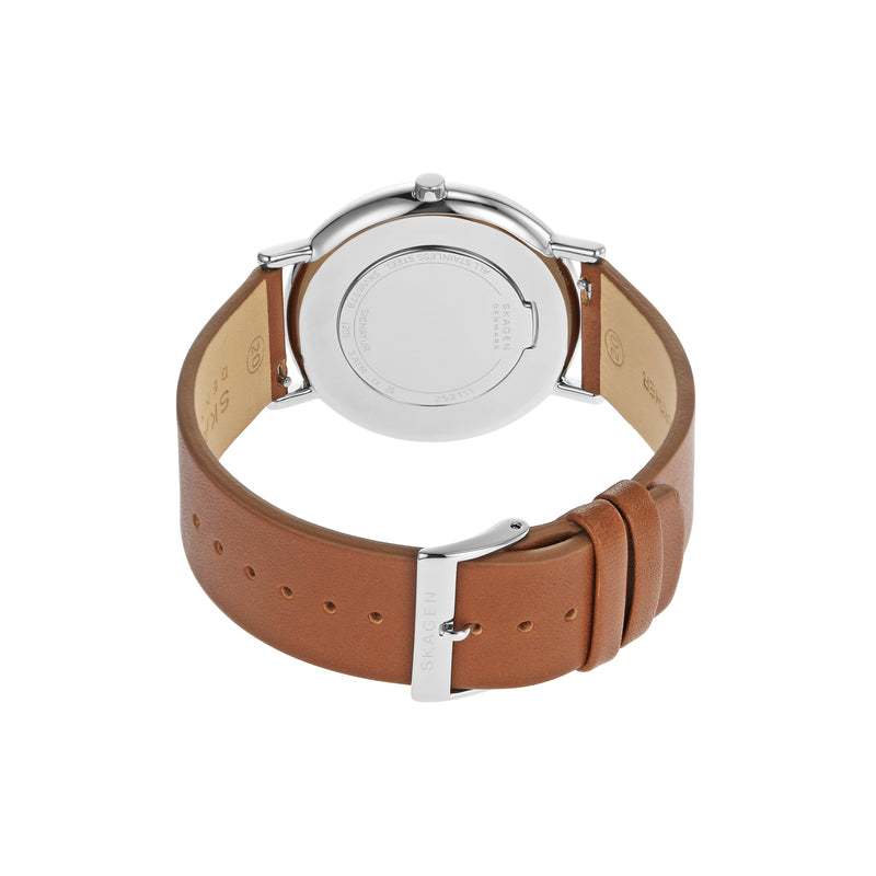 Wristwatch with a silver case and brown leather strap.