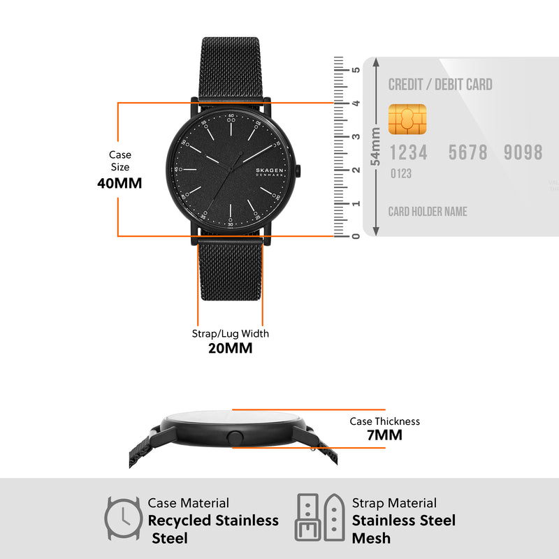 Sleek black wristwatch with a mesh strap and minimalist dial design.