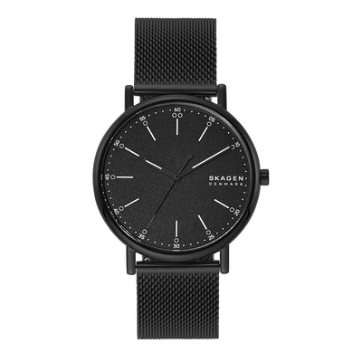 Sleek black wristwatch with a minimalist dial and mesh metal band.