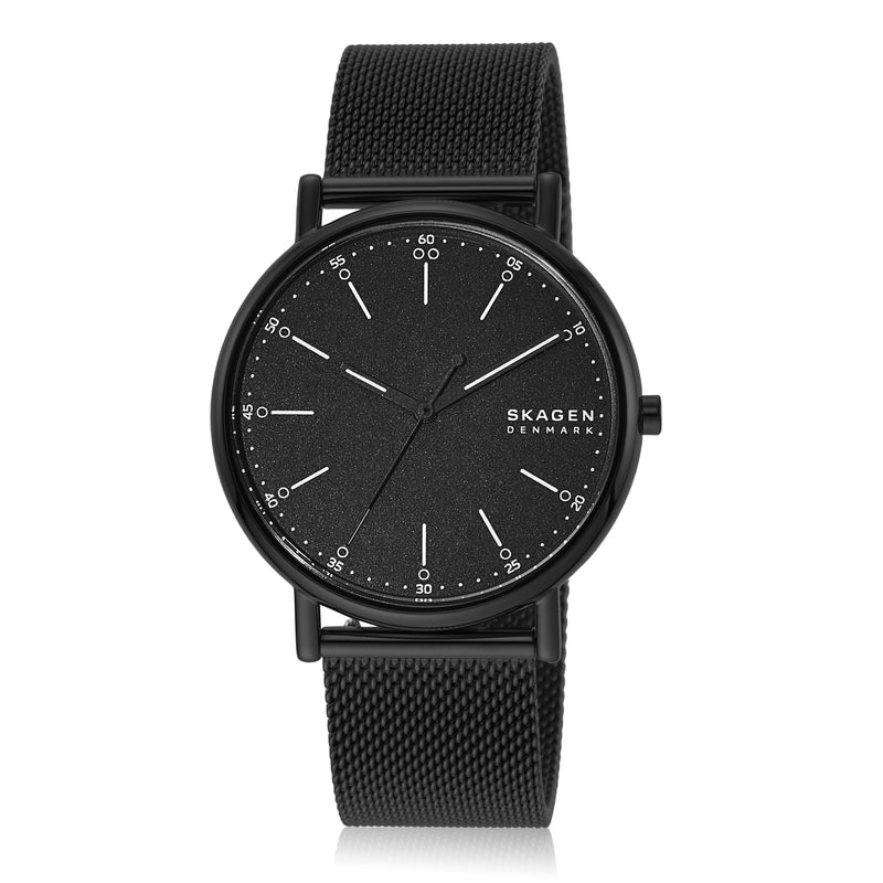 Sleek black wristwatch with a mesh metal band and minimalist dial design.