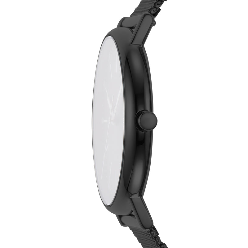 Side view of a sleek black wristwatch with a minimalist design.