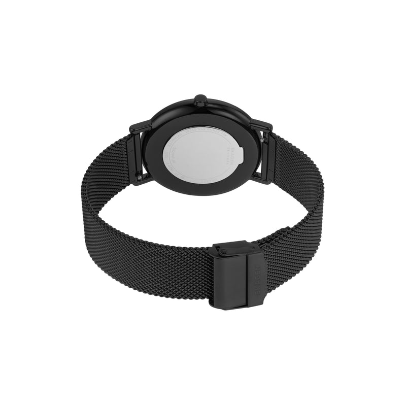 Black wristwatch with a mesh metal band and round face.