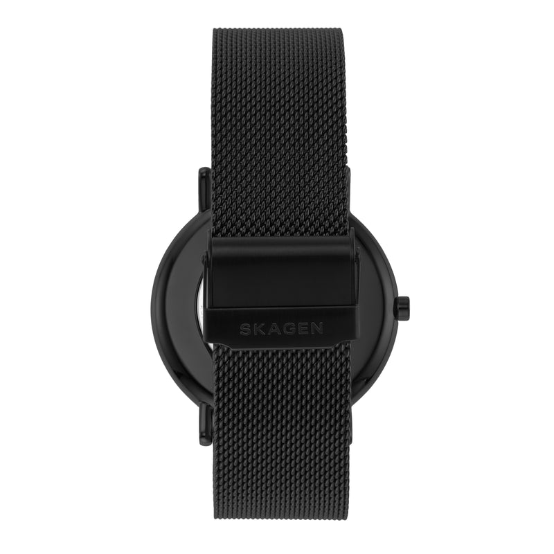 Black wristwatch with a mesh metal band and minimalist design.