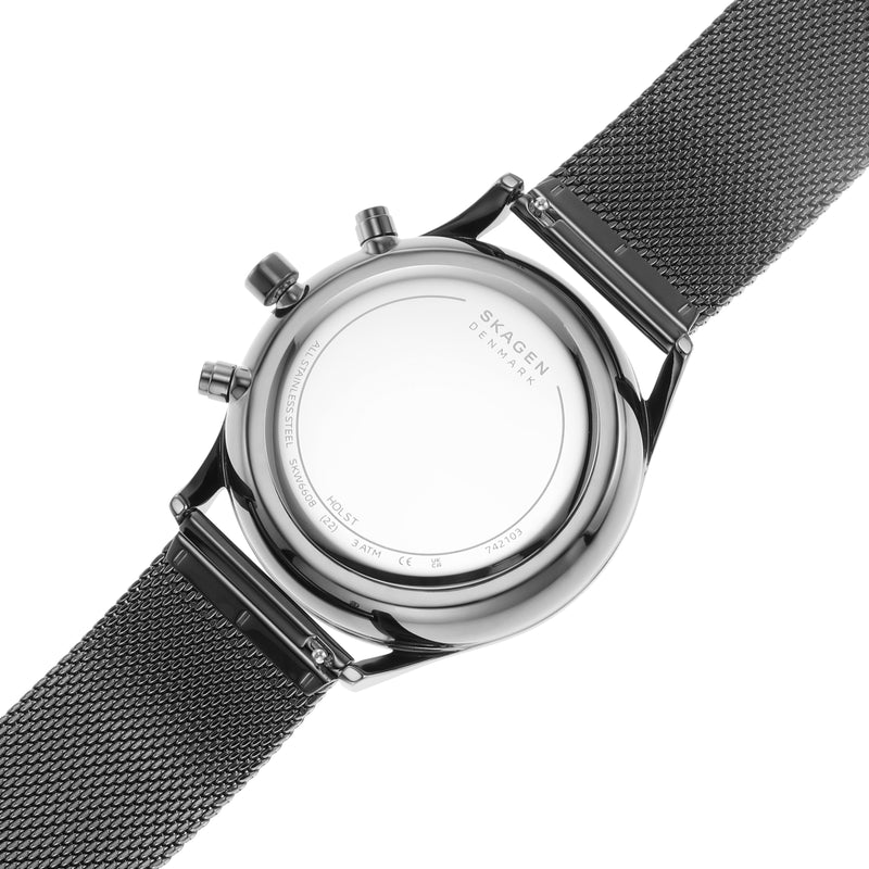 Sophisticated Skagen Holst Chronograph Watch SKW6608 in Gunmetal Steel-Mesh with 30M Water Resistance