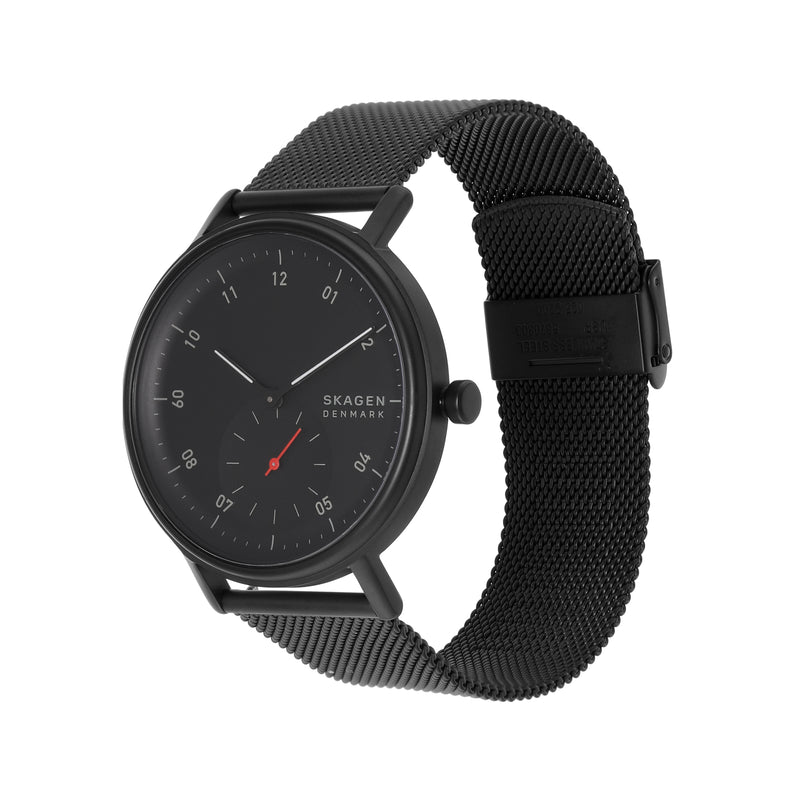 Skagen Kuppel Precision Black Stainless Steel Mesh Watch with Sub-Second Dial SKW6892