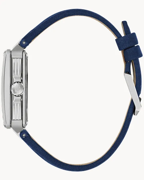 Bulova Series X 98A342 automatic men's watch with slate blue skeleton dial, blue bezel insert and blue suede strap — angled view