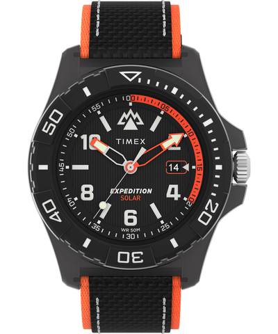 Sporty black and orange wristwatch with a fabric strap.