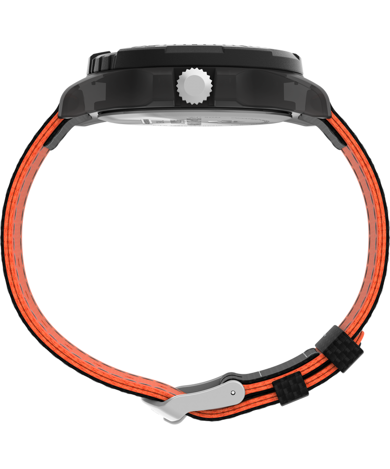 Wristwatch with a black case and orange-and-black striped band.